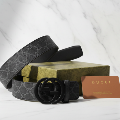 Gucci Interlocking Buckle Leather Belt – Grey &amp; Black